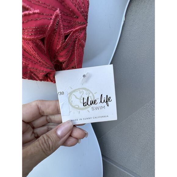 Blue Life Pasion flower Lace Bikini Swimsuit Triangle Top T-back Sz XS In Coral - Picture 4 of 11